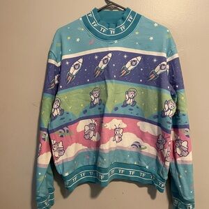 Teddy fresh sweatshirt, teddy bears on rocket ship, purple, blue pink.